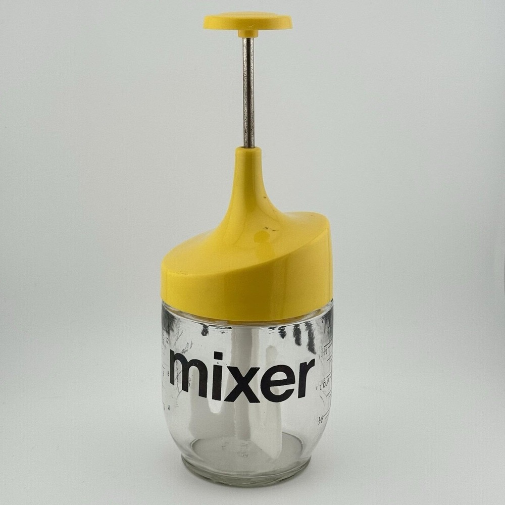 Vtg MCM Gemco USA Push-Down Hand Mixer Glass Yellow Salad Dressing Sauces Creams